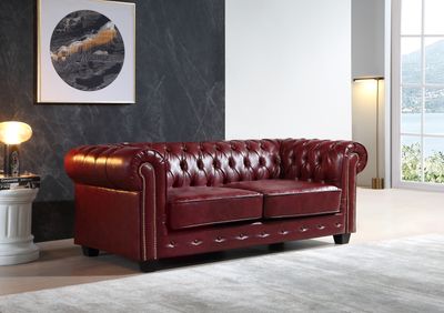 Chesterfield Red Leather Antique 3 Seater Sofa