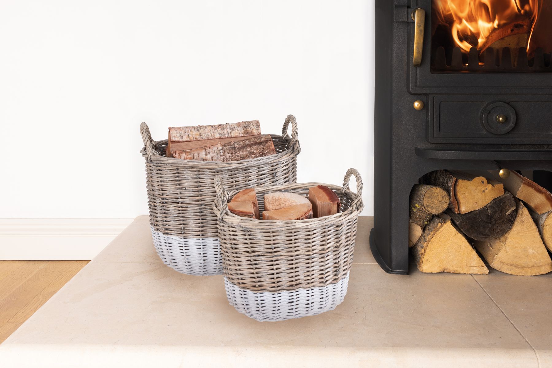 Snug Set Of Two Toned Wicker Log Baskets 