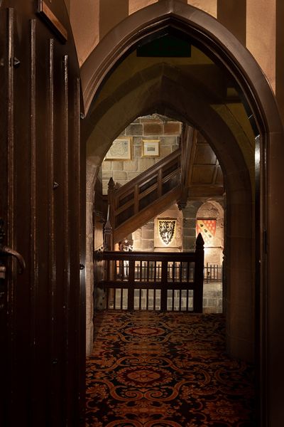 Looking through to the garderobe tower at Langley Castle Hotel, Northumberland, UK