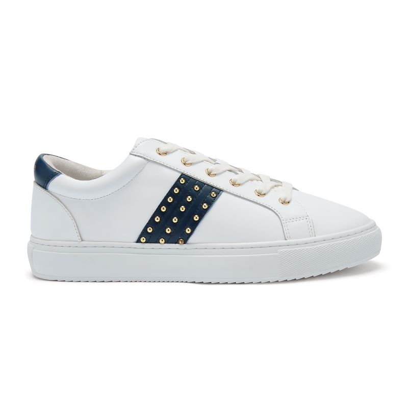 Hoxton - White Leather Trainer with Navy Studded Stripe