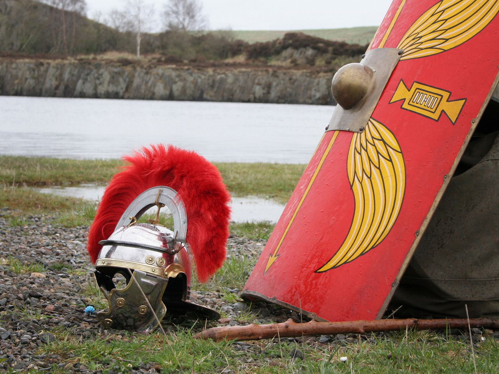 Roman helmet and shield belonging to tour guides Ancient Britain,