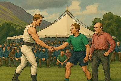 Vintage poster-style image of Cumberland and Westmorland wrestling at Grasmere Lakeland Sports and Show