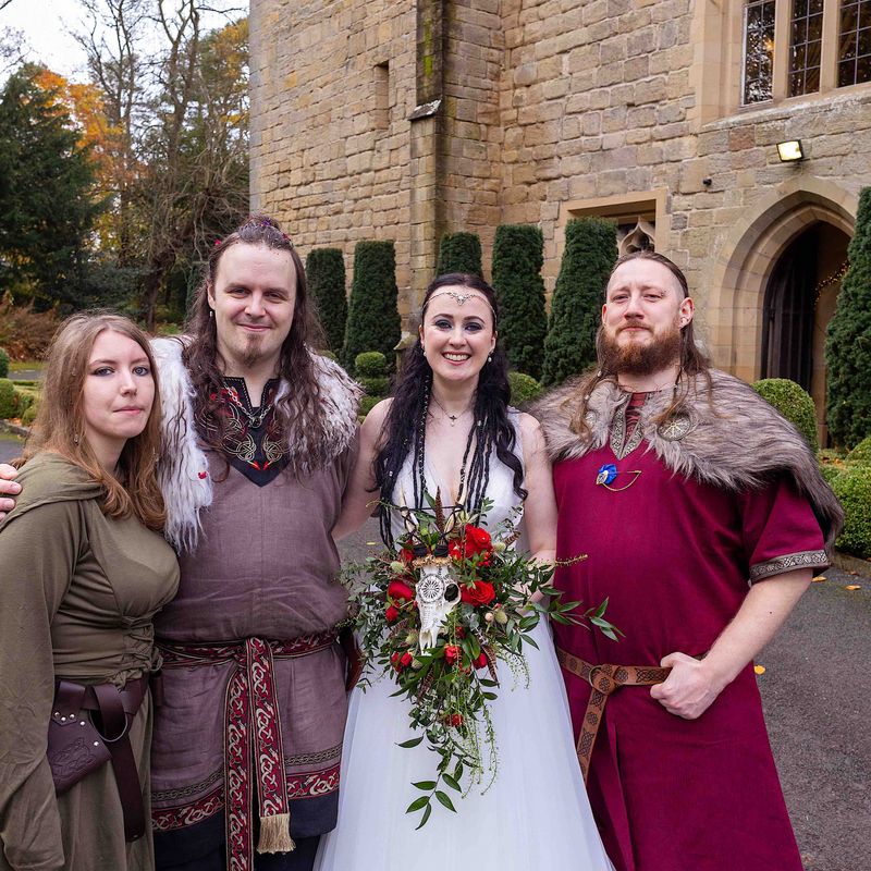 Bride, groom and guests at the Viking wedding that was staged in various parts of  Langley Castle, Northumberland, including the woodland wedding grove and the tipi