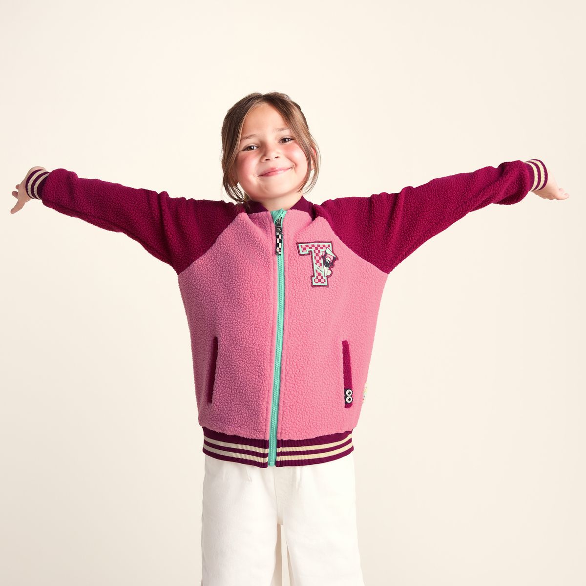 Aberfield Shaun the Sheep Kids Sherpa Varsity Bomber Jacket - Candy Floss/Beetroot Red