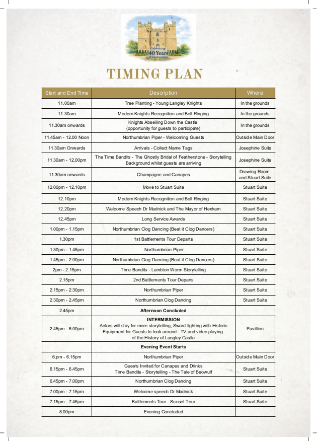 Schedule for the 40th anniversary celebrations at Langley Castle Hotel and Restaurant