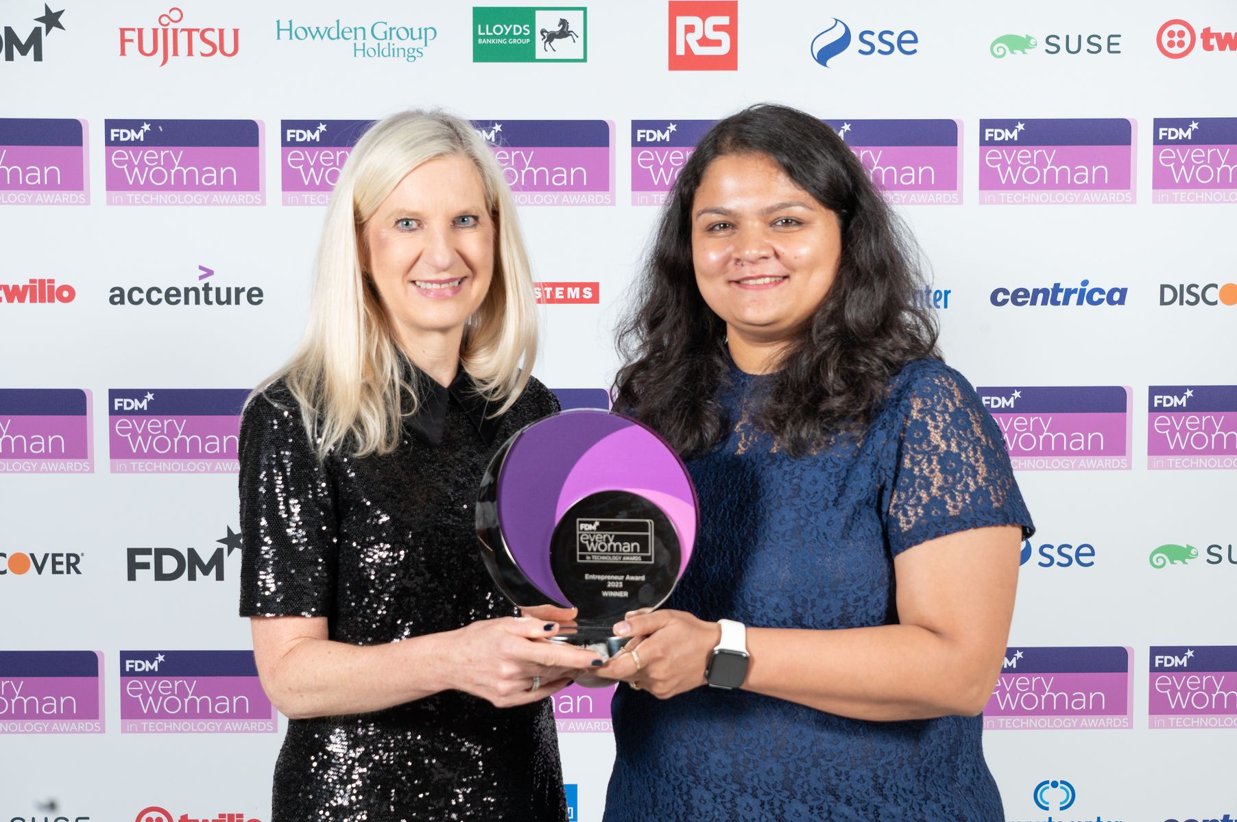 Lyn Grobler, Group CIO at Howden Group Holdings and Vinita Rathi, CEO at Systango - Winner of the 'Entrepreneur Award' (sponsored by Howden Group Holdings) at the 2023 FDM everywoman in Technology Awards
