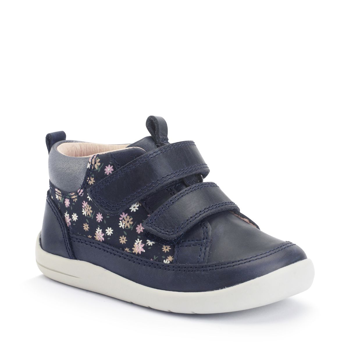 Start-Rite Rove Navy leather floral nubuck girls rip-tape first casual boots