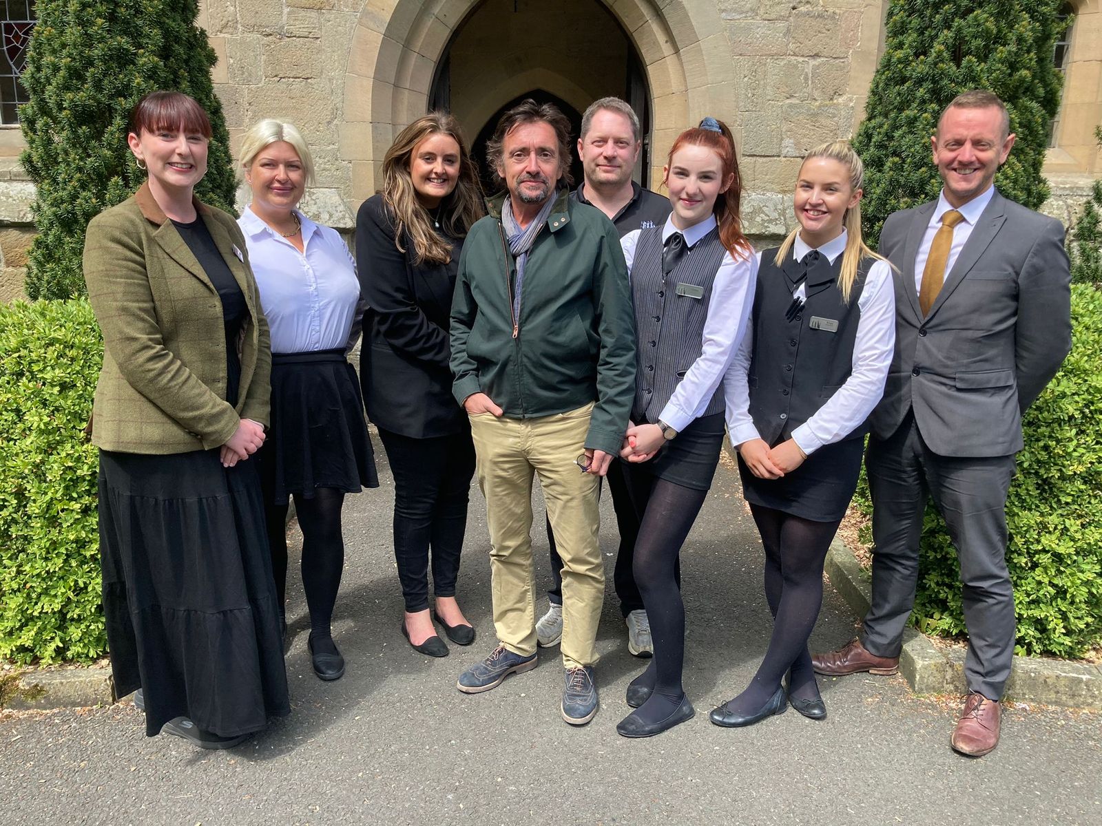 TV presenter, Richard Hammond, with staff at Langley Castle, near Haydon Bridge, Northumberland