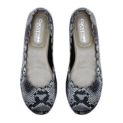 Mayfair Grey Snake Print Scalloped Leather Ballerina Shoes