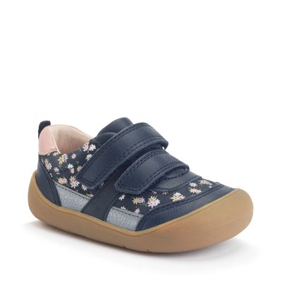 Duel - Navy floral nubuck/leather casual rip-tape first walking trainers
