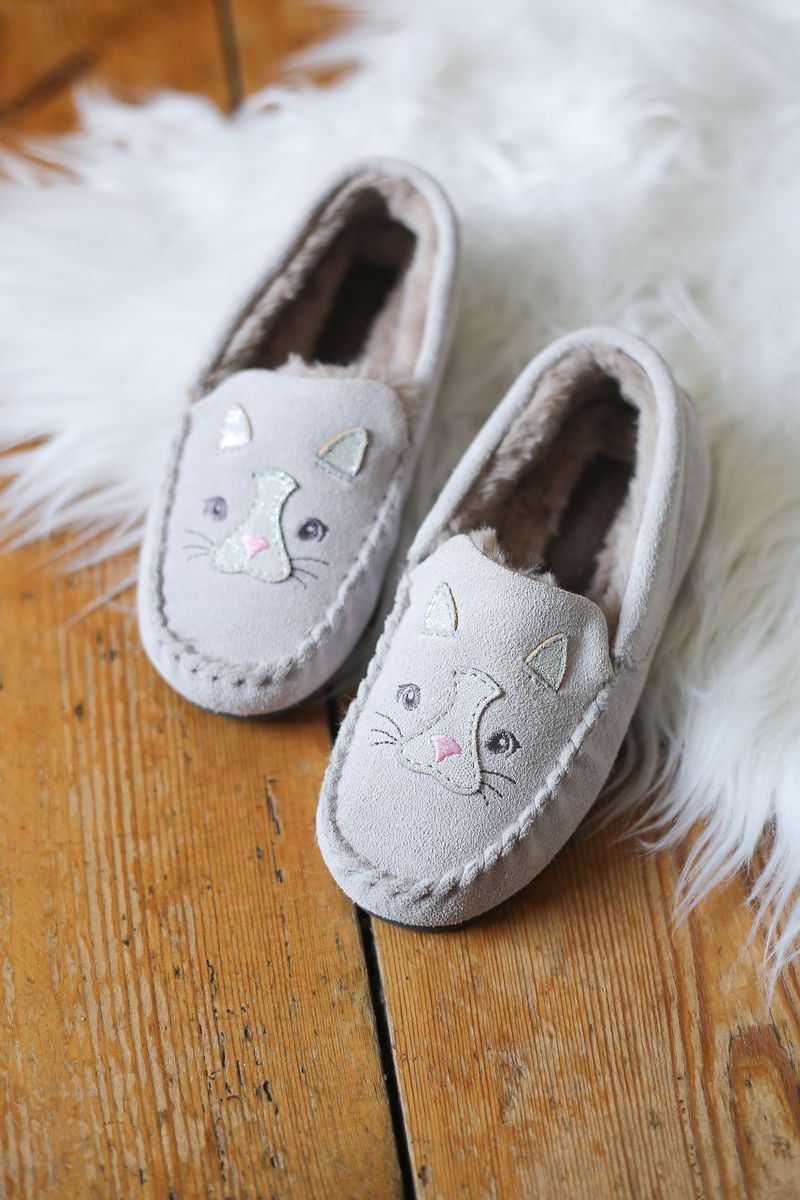 NEW from Start-Rite Shoes, soft suede 'Cat' design slippers for children.  