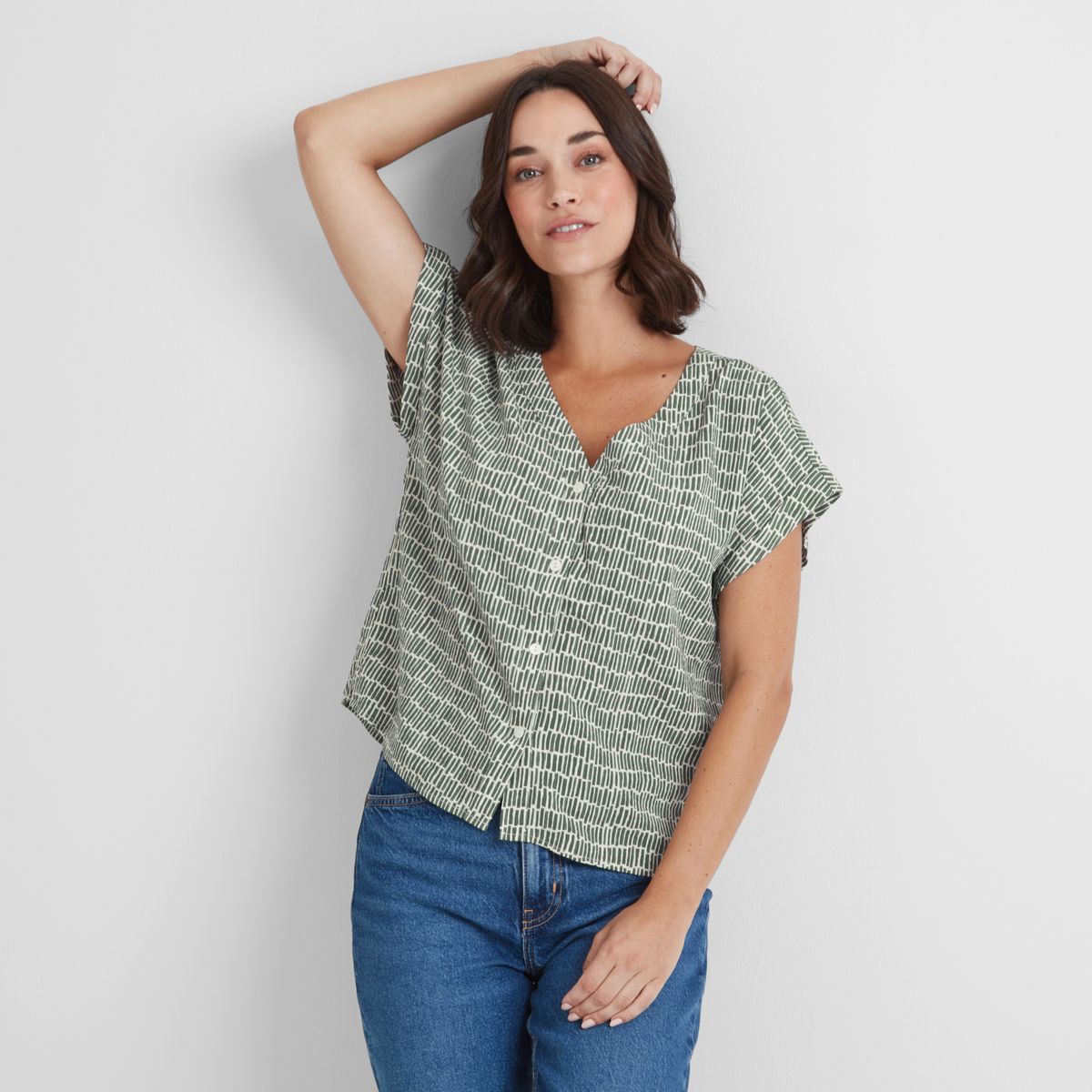 Meredith Women's Shirt Short Sleeve - Green Dash Print