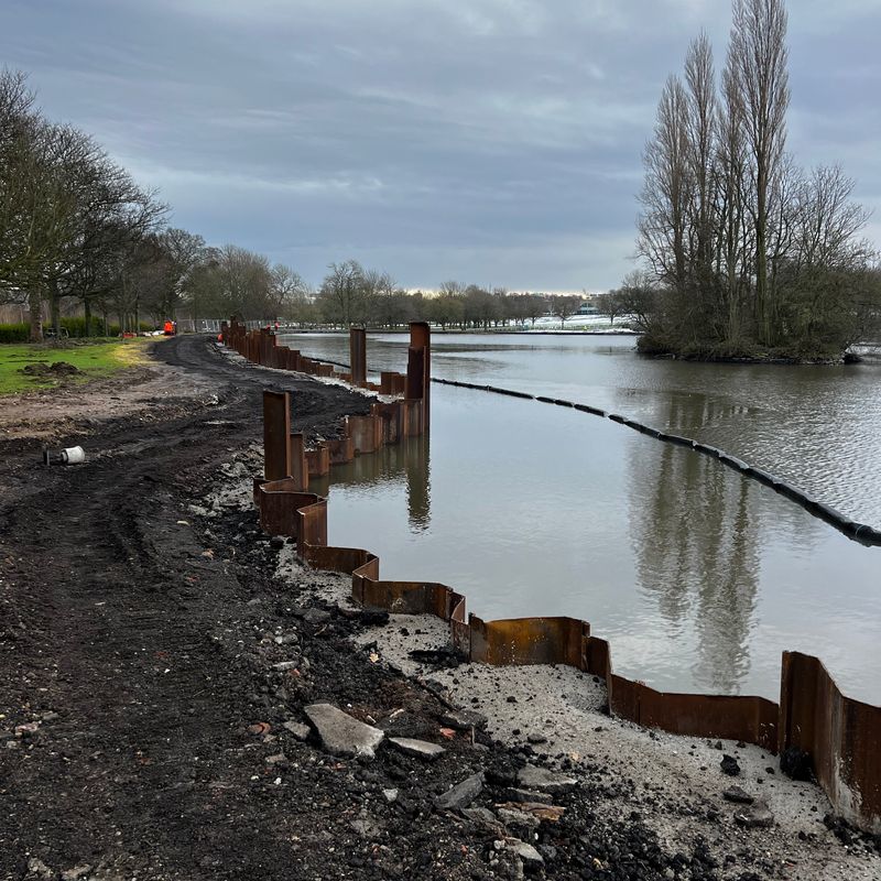 Sheet piling works undertaken by Sheet Piling (UK) Ltd, in Pontefract Park, Yorkshire.
