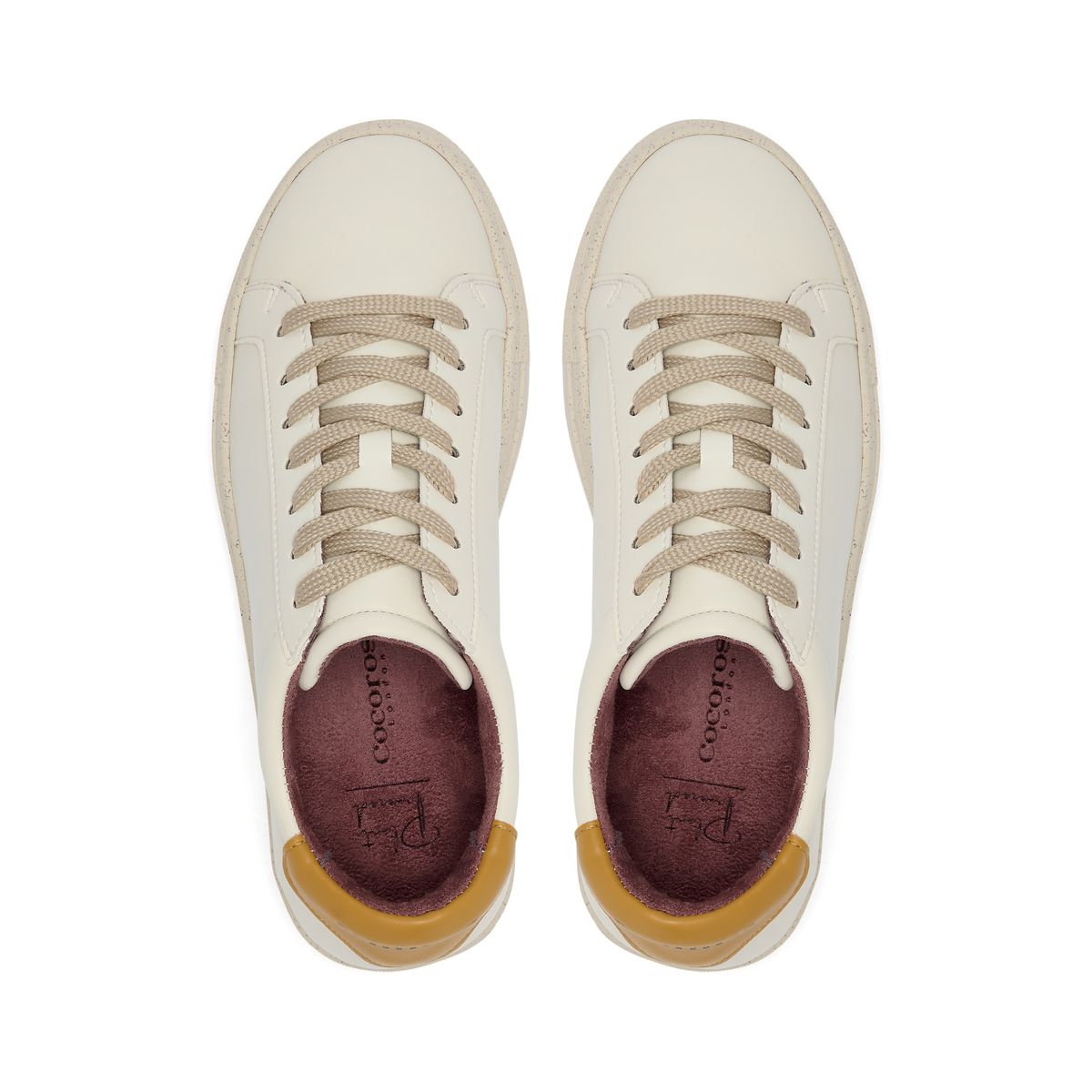 Plant-powered 'Kew' vegan trainer from Cocorose London, in white with Mostaza heel tab