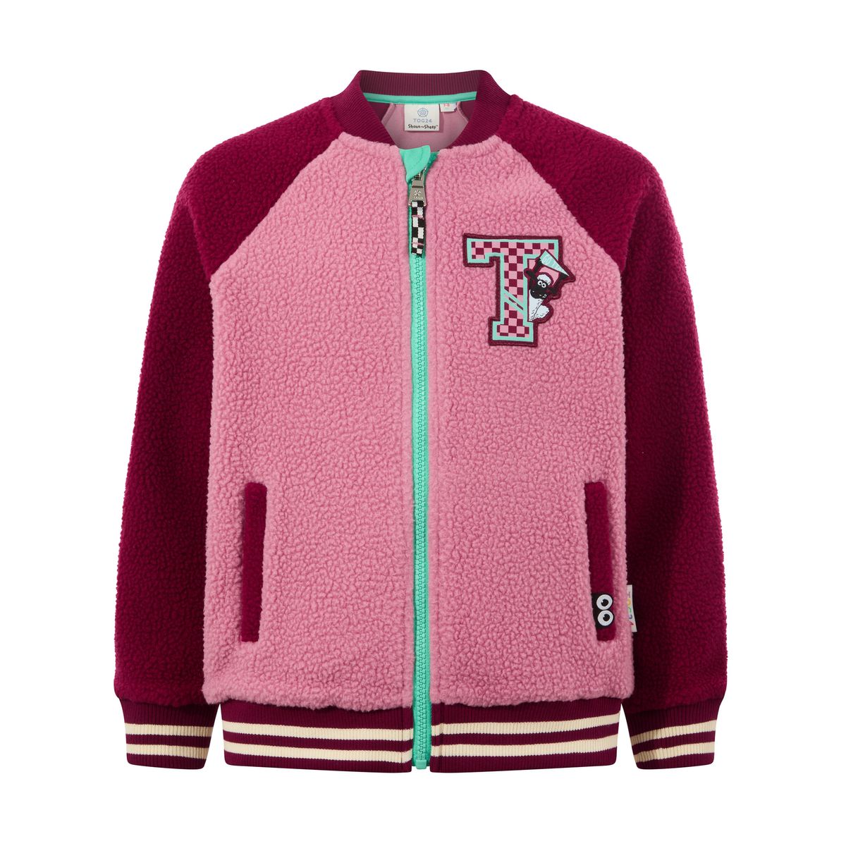 Aberfield Shaun the Sheep Kids Sherpa Varsity Bomber Jacket - Candy Floss/Beetroot Red