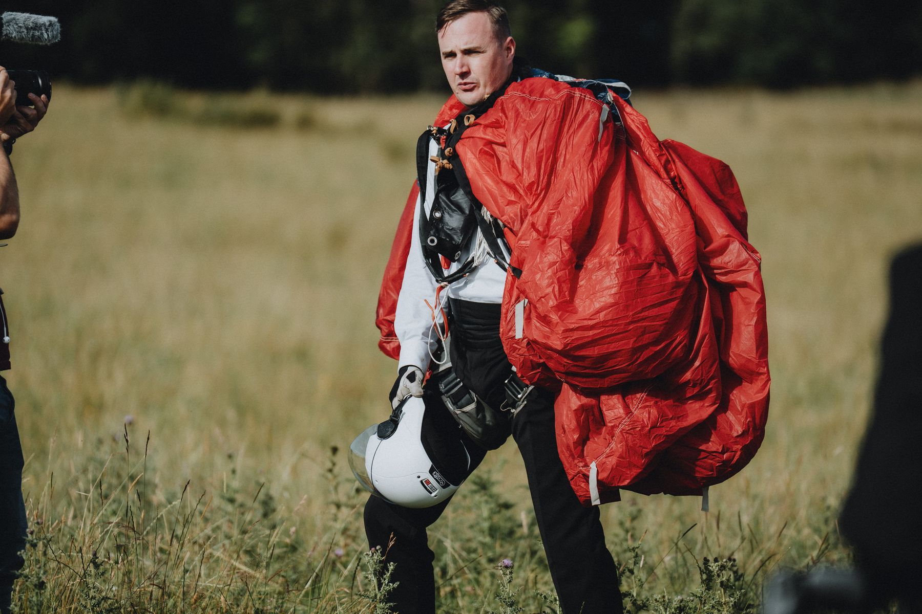 Chris Parkes, after parachuting into his wedding at Langley Castle Hotel (July 2023)