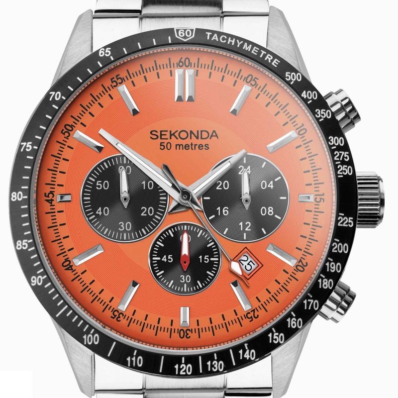 Sekonda Velocity Chronograph Men's Watch | Stainless Steel Case & Bracelet with Orange Dial | 30025