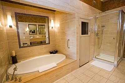 The Radcliffe room bathroom at Langley Hotel, Northumberland