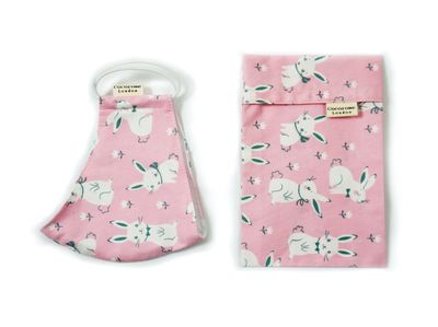 Pink Bunny Rabbits children's face mask and pouch from Cocorose London