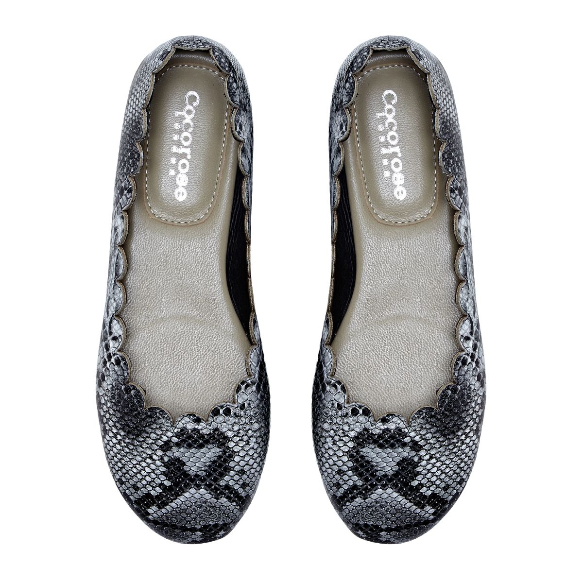 Mayfair Grey Snake Print Scalloped Leather Ballerina Shoes