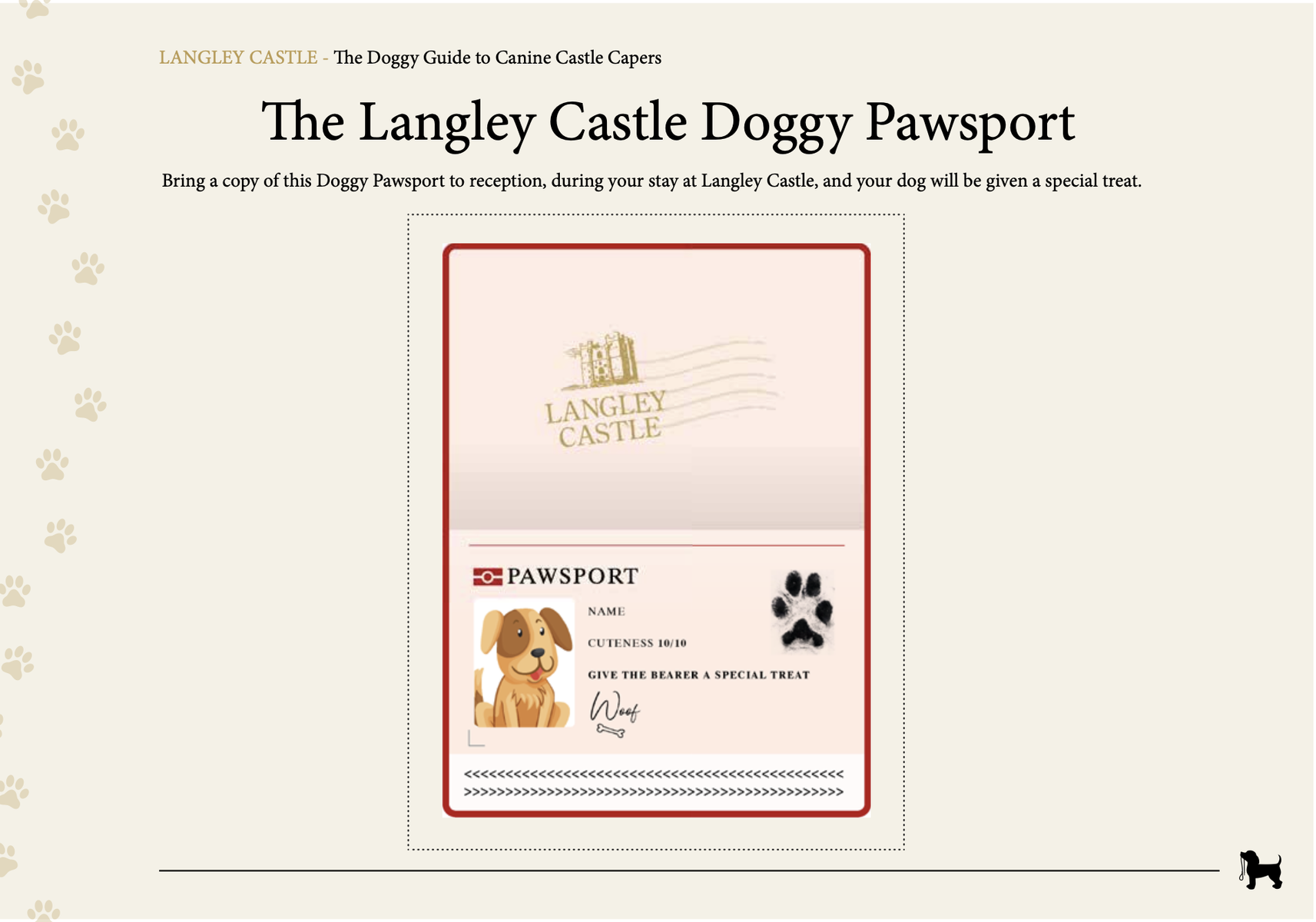 The treat-bringing Doggy Pawsport from the Langley Castle 'Doggy Guide to Canine Castle Capers'