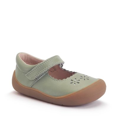 Eva Dusky green leather girls rip-tape floral first walking shoes
