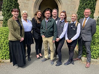 TV presenter, Richard Hammond, with staff at Langley Castle, near Haydon Bridge, Northumberland