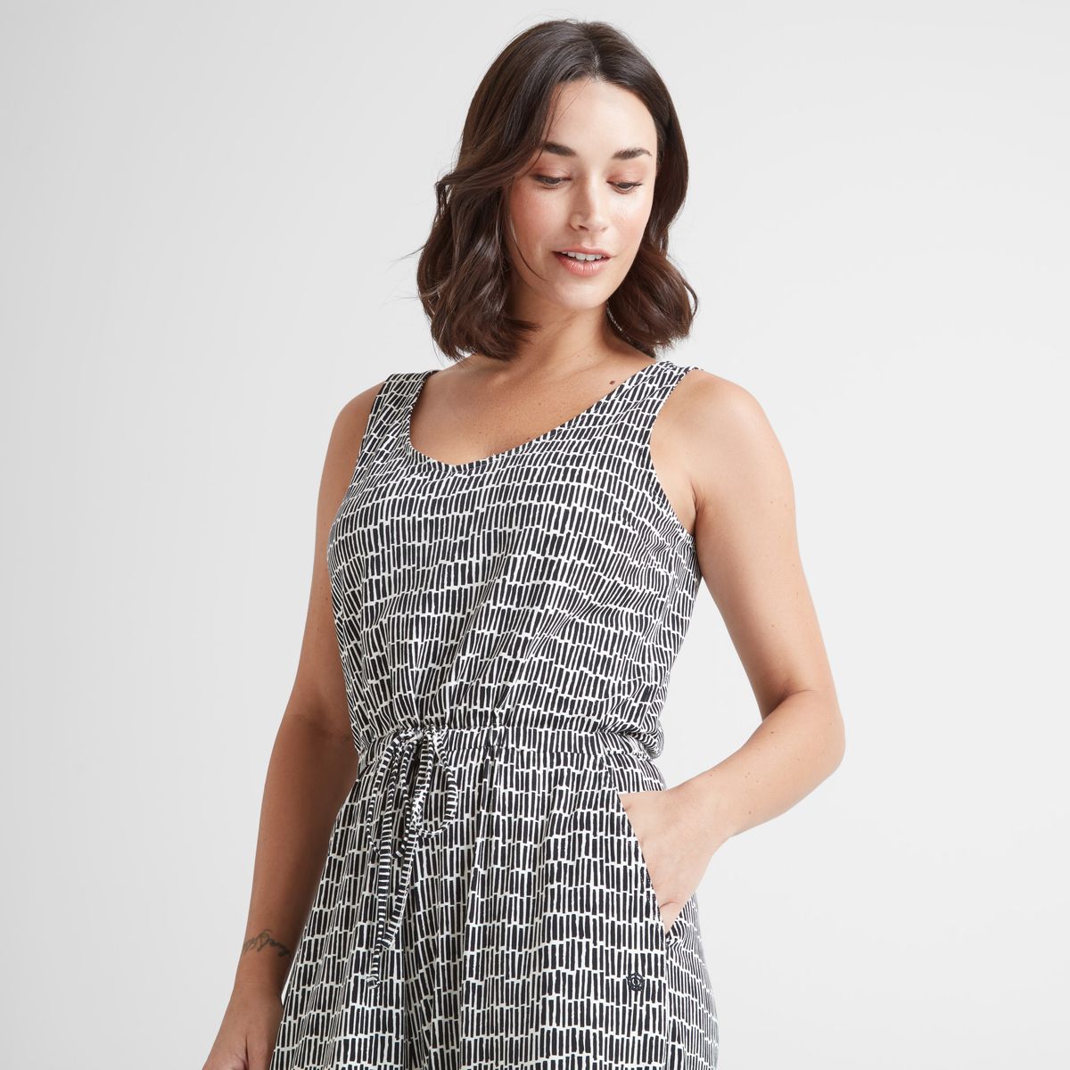 Emmie Women's Jumpsuit - Black & White Dash Print