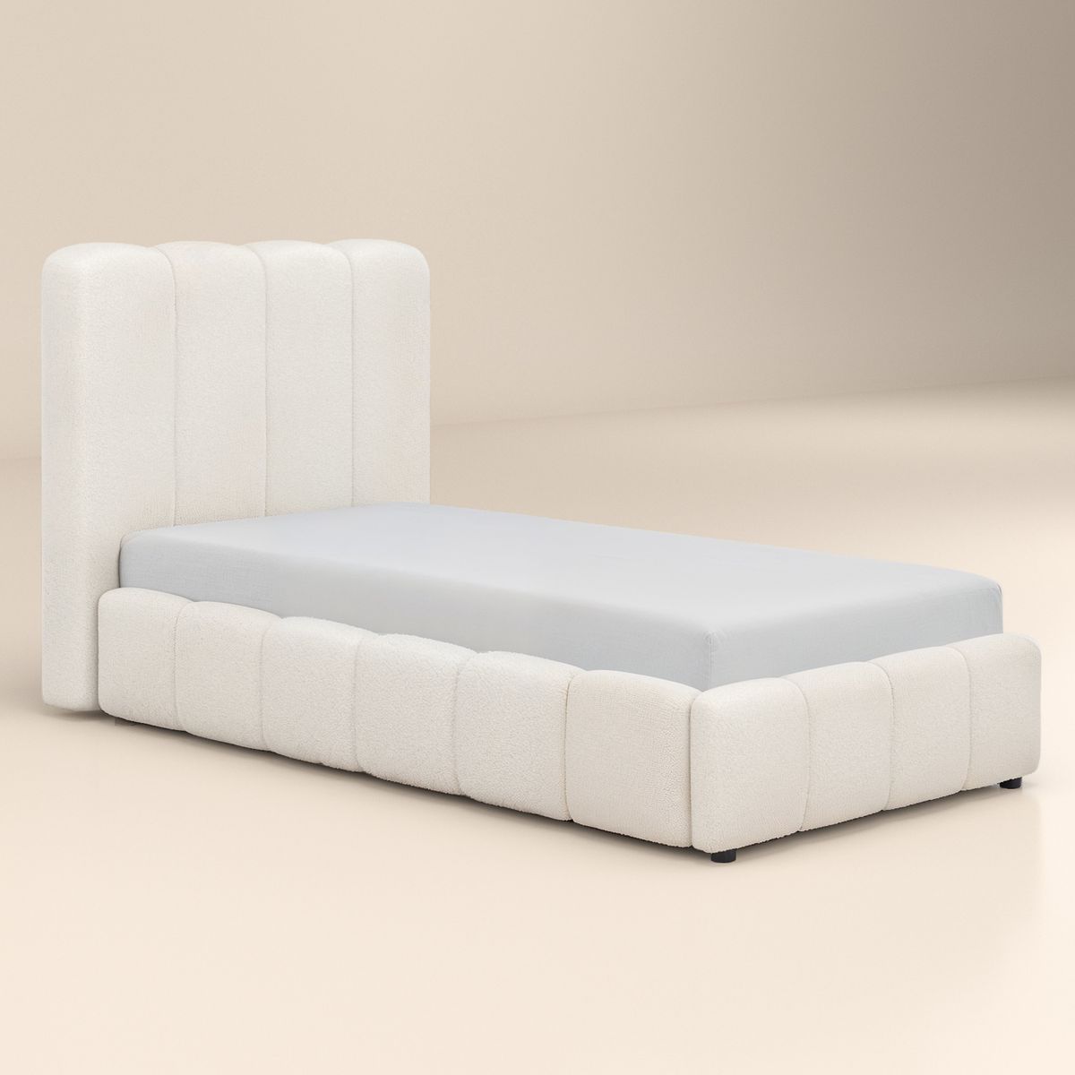 Solace+Co Emilie Single Ribbed Ottoman Bed - Cream Boucle