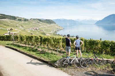 Cyclists take in view of Lake Geneva - Lausanne