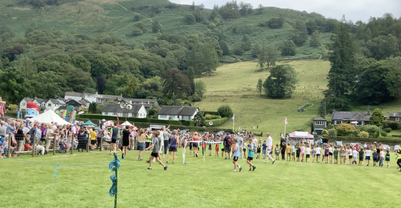 Young fell runners assembling for the start of one of the fell races at Grasmere Lakeland Sports and Show