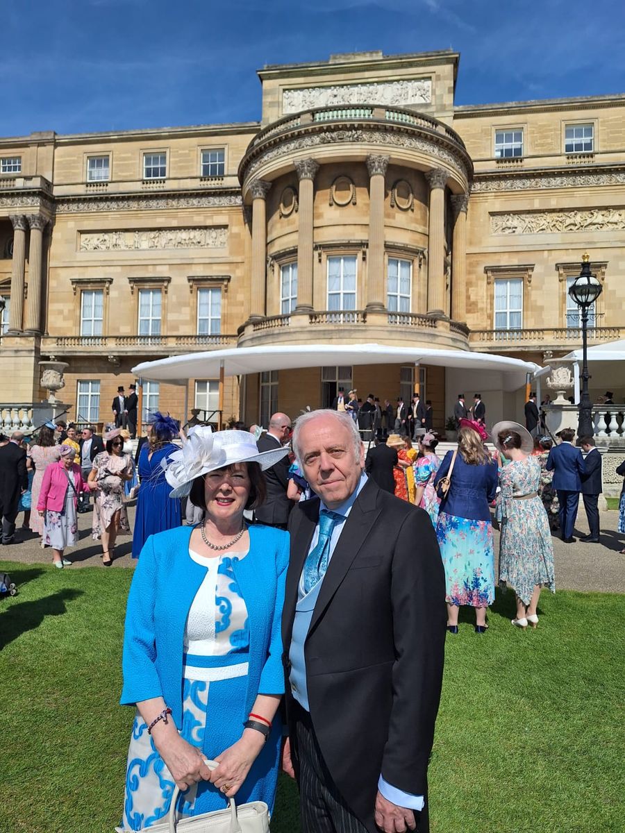 Beverley Sunderland and her husband at Buckingham Palace