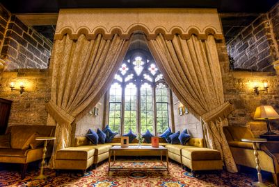 The dramatic window in the Drawing Room at Langley Castle hotel and restaurant, Northumberland UK (pic 2026)