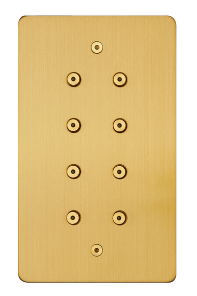 8 gang vertical, 8 buttons with LEDs, satin brass finish