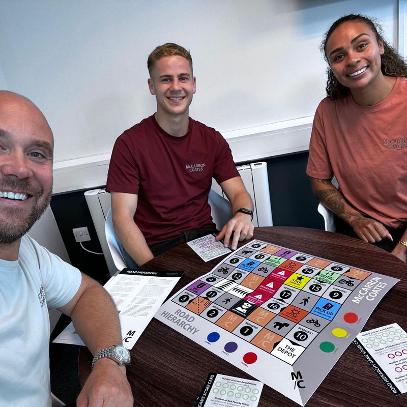 McCarron Coates director, Paul Coates, with members of the team, Tia Howard and Alex Fryer, and the Road Hierarchy game.