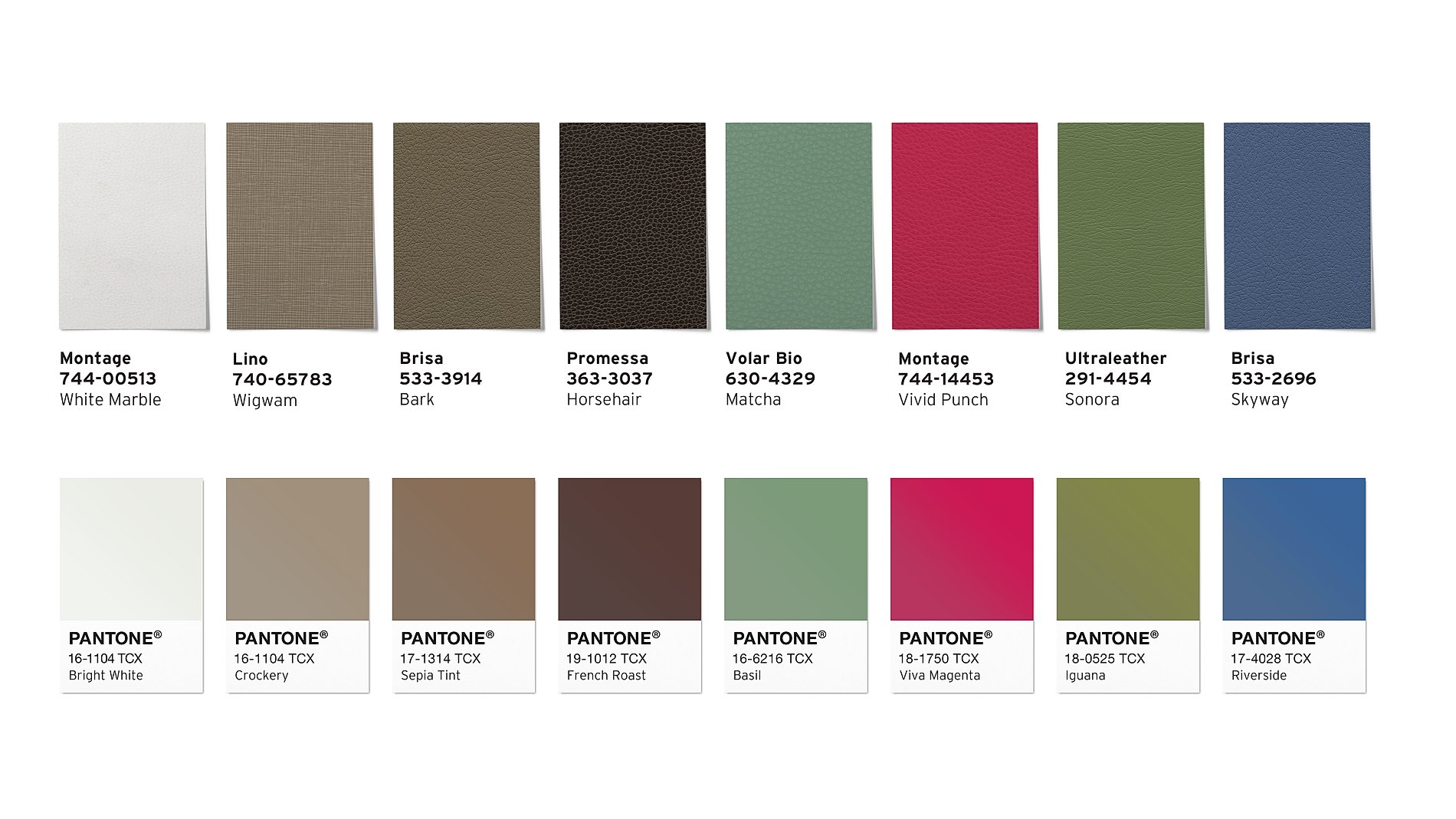 The Ultrafabrics Awakening palette products alongside similar Pantone shades