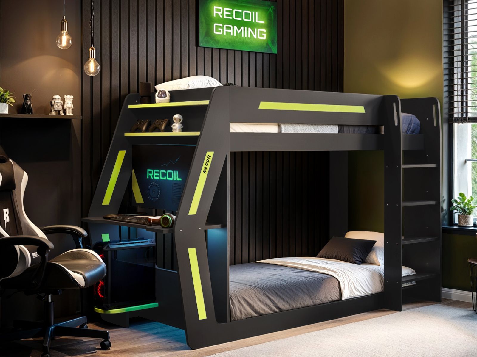 Recoil Alister Gaming Bunk Bed with Desk Charcoal & Green