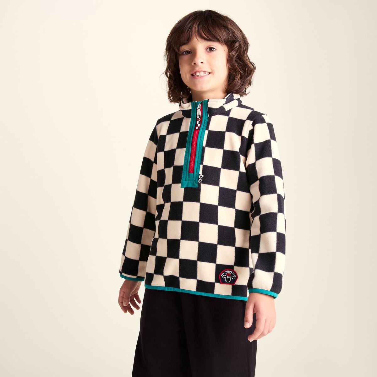 Brecknock Kids Shaun the Sheep Fleece Zip Neck - Woolly/Black Checkerboard