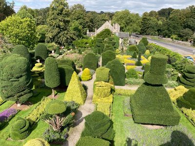 Head gardener's view when trimming trees in the world's oldest topiary garden, at Levens Hall and Gardens, Cumbria, UK.