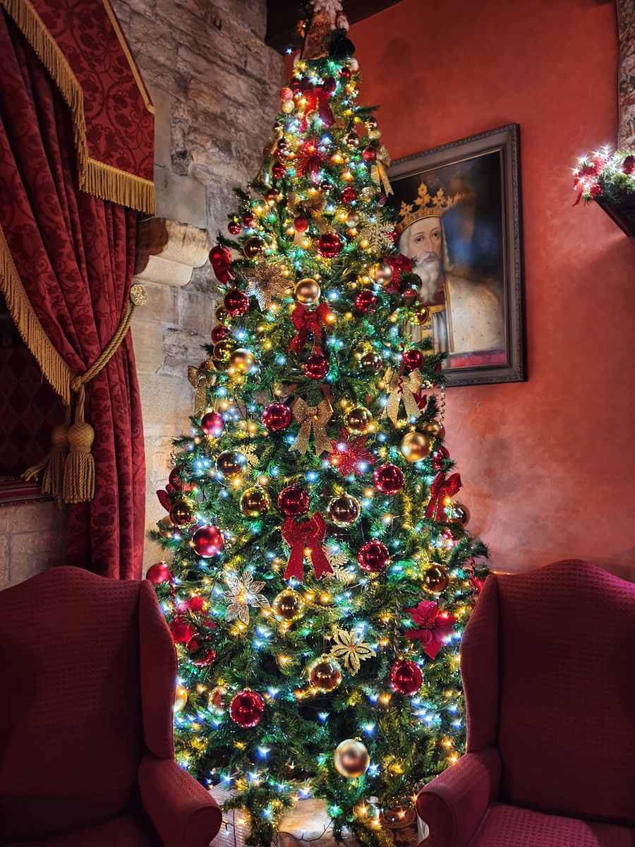 Christmas tree in the Langley Castle drawing room, Northumberland, UK.