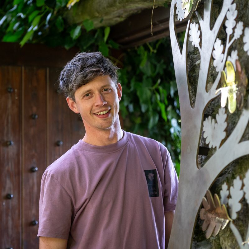 Tom Vickers, the designer and creator of the new head gardeners' commemorative tree sculpture at Levens Hall and Gardens, Lake District, UK.