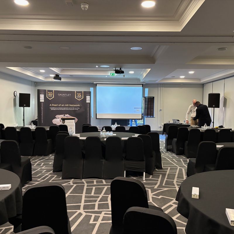 Room set up ready for the 2024 Gauntlet AR Conference, celebrating 15 years of the Gauntlet AR Network and 30 years of Gauntlet Group.
