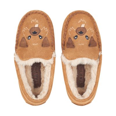 Snuggle Tan suede dog slip-on slippers