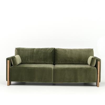 Audrey Exposed Wood Frame 3 Seat Sofa in Green Velvet
