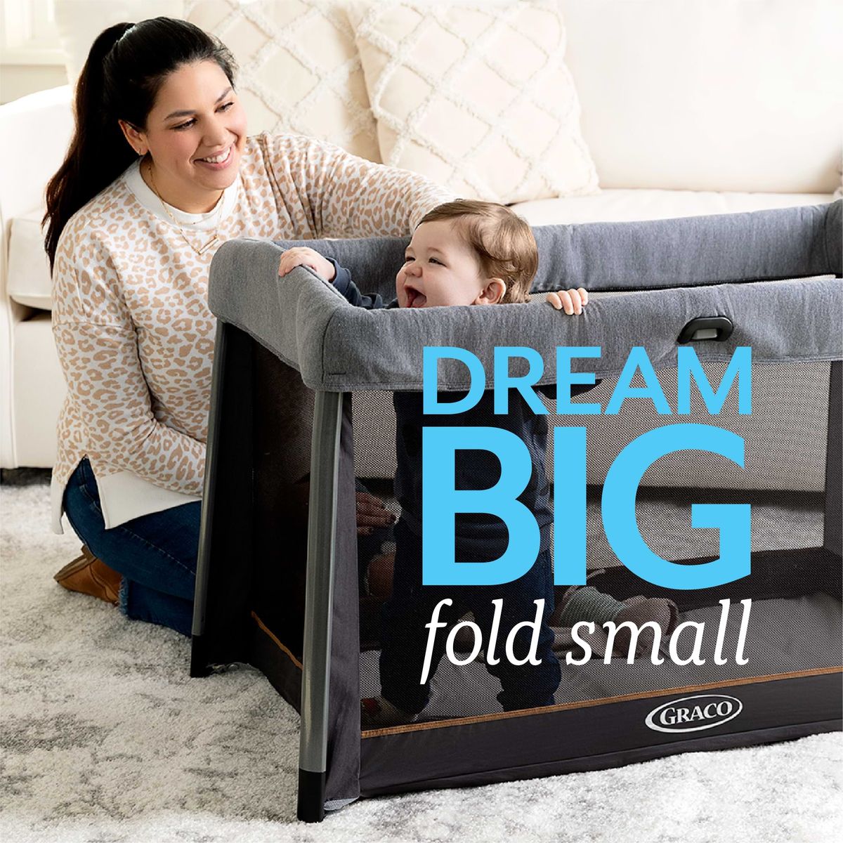 Graco FoldLite Travel Cot pictured 'Dream Big, Fold Small' 