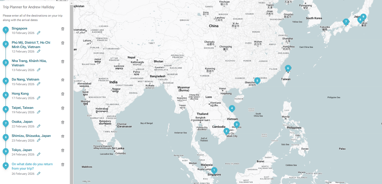 Sample Pinpoint Travel Health  itinerary planner