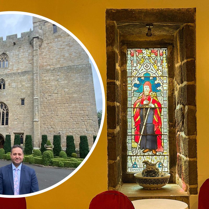 Langley Castle manager, Mohamed Serag, inset, with Langley Castle stained glass chapel window behind