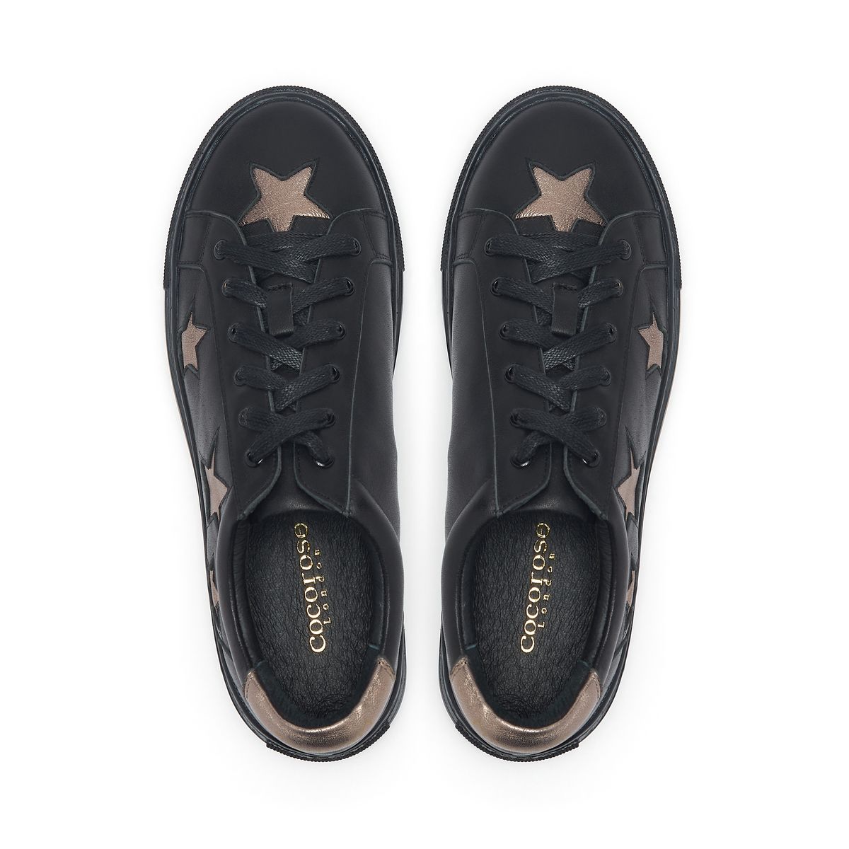 Hoxton black leather trainers with pewter stars, from Cocorose London