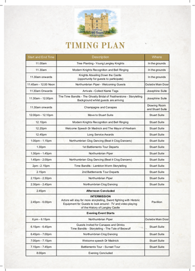 Schedule for the 40th anniversary celebrations at Langley Castle Hotel and Restaurant
