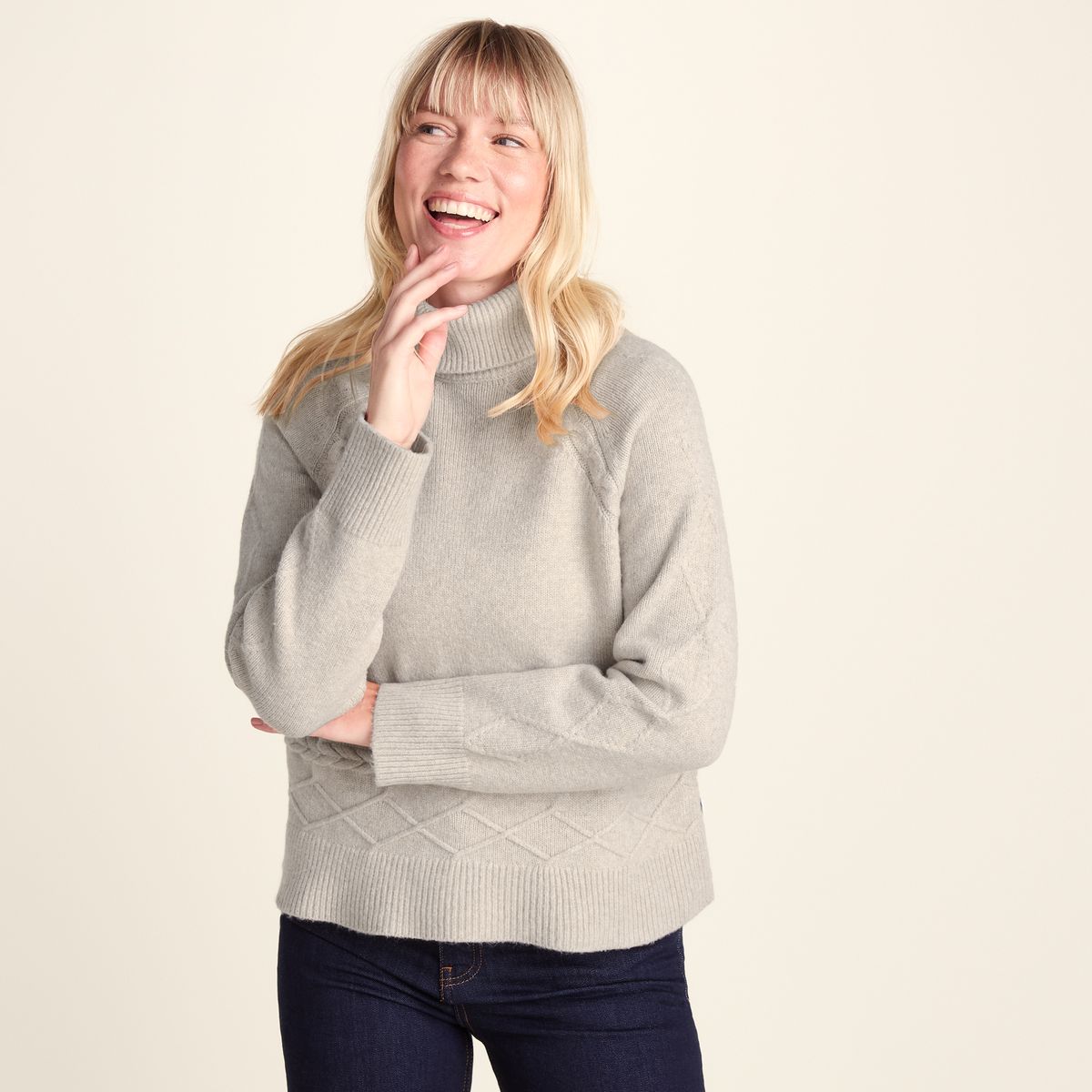 Serena Womens Cable Knit Roll Neck Jumper - Light Beige Melange